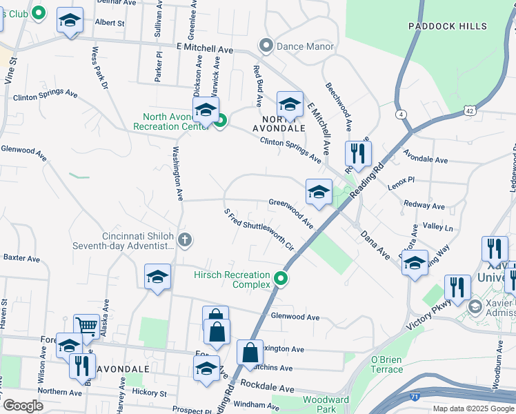 map of restaurants, bars, coffee shops, grocery stores, and more near 708 Greenwood Avenue in Cincinnati