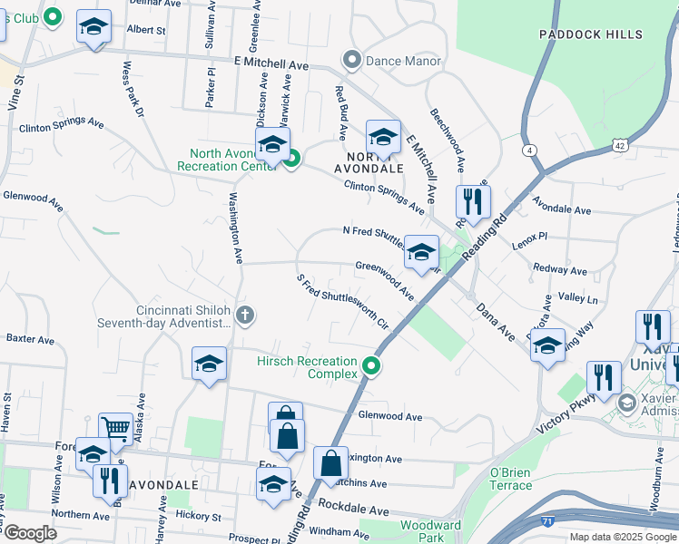 map of restaurants, bars, coffee shops, grocery stores, and more near 708 Greenwood Avenue in Cincinnati