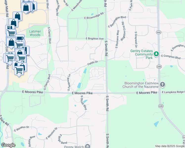 map of restaurants, bars, coffee shops, grocery stores, and more near 1277 Cobble Creek Circle in Bloomington