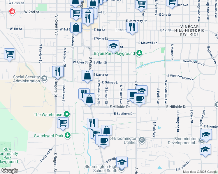 map of restaurants, bars, coffee shops, grocery stores, and more near 1204 South Grant Street in Bloomington