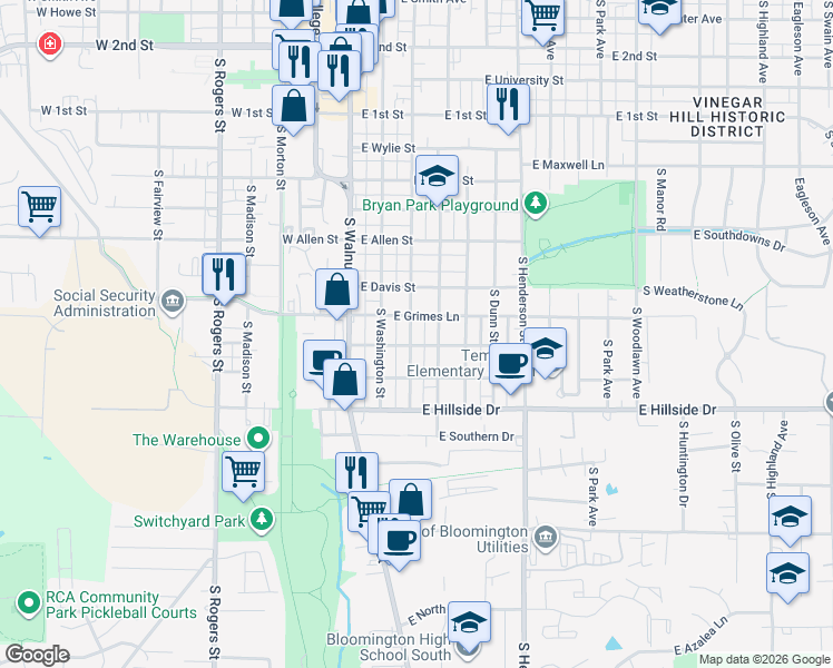 map of restaurants, bars, coffee shops, grocery stores, and more near 1204 South Grant Street in Bloomington