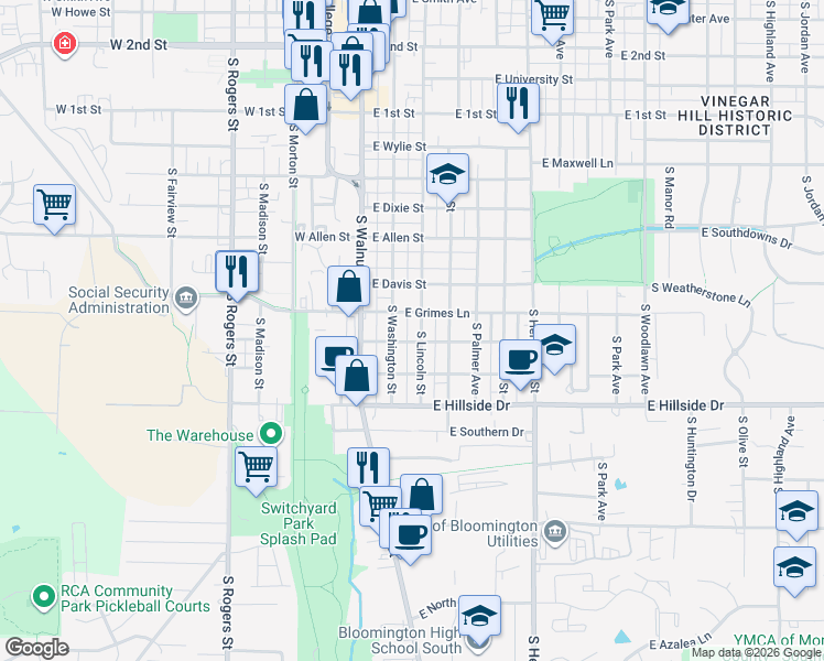 map of restaurants, bars, coffee shops, grocery stores, and more near 1215 South Washington Street in Bloomington