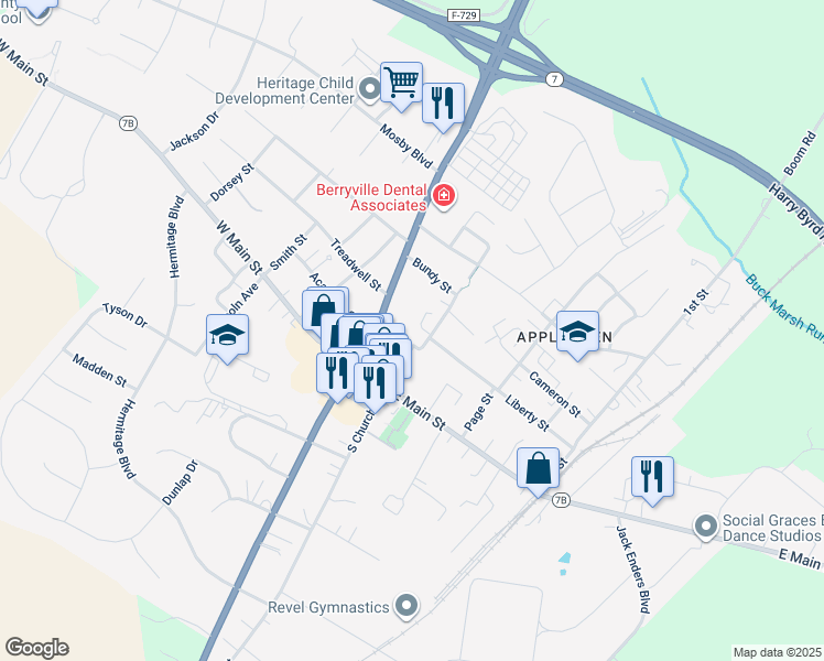 map of restaurants, bars, coffee shops, grocery stores, and more near 115 Josephine Street in Berryville