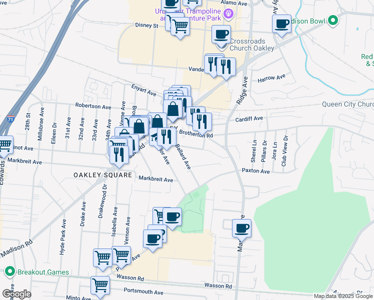 map of restaurants, bars, coffee shops, grocery stores, and more near 3217 Bach Avenue in Cincinnati