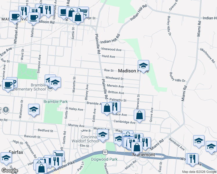 map of restaurants, bars, coffee shops, grocery stores, and more near 6813 Merwin Avenue in Cincinnati