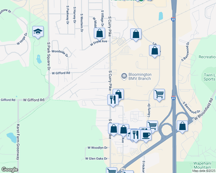 map of restaurants, bars, coffee shops, grocery stores, and more near 1530 South Curry Pike in Bloomington
