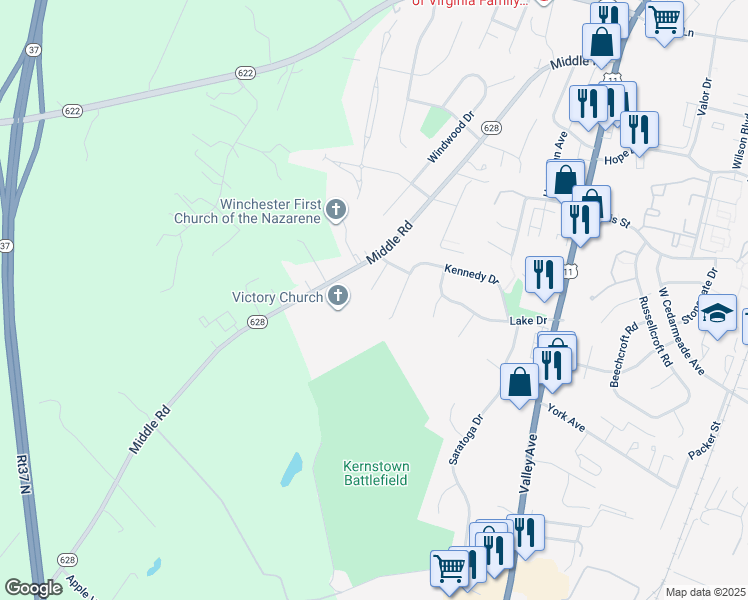 map of restaurants, bars, coffee shops, grocery stores, and more near 2816 Ridgetop Court in Winchester