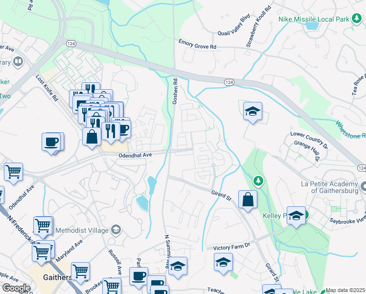 map of restaurants, bars, coffee shops, grocery stores, and more near 554 Odendhal Avenue in Gaithersburg