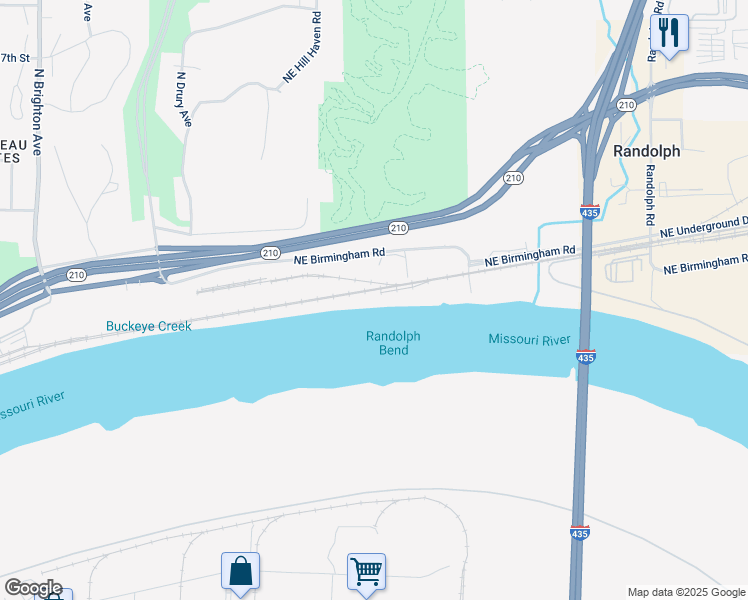 map of restaurants, bars, coffee shops, grocery stores, and more near 6301 Northeast Birmingham Road in Kansas City