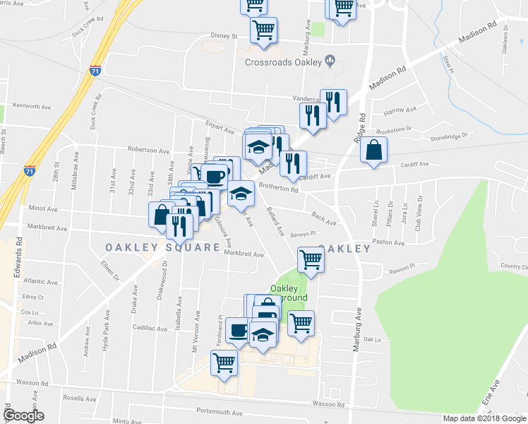 map of restaurants, bars, coffee shops, grocery stores, and more near 4139 Ballard Avenue in Cincinnati