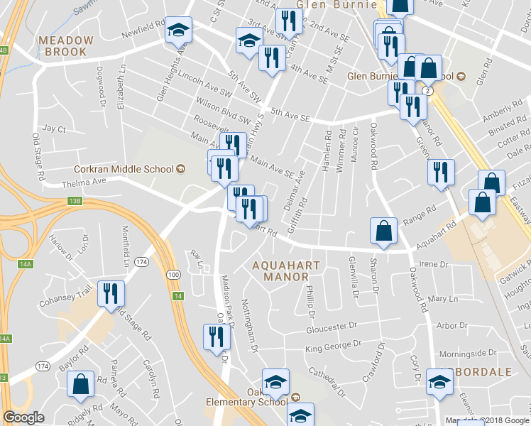 map of restaurants, bars, coffee shops, grocery stores, and more near 1001 Crain Highway South in Glen Burnie