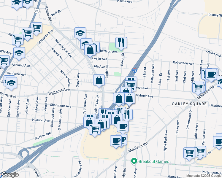 map of restaurants, bars, coffee shops, grocery stores, and more near 2612 Duck Creek Road in Cincinnati