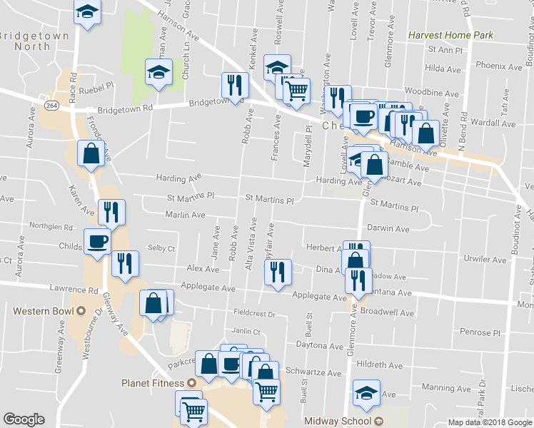 map of restaurants, bars, coffee shops, grocery stores, and more near 3479 Mayfair Avenue in Cincinnati