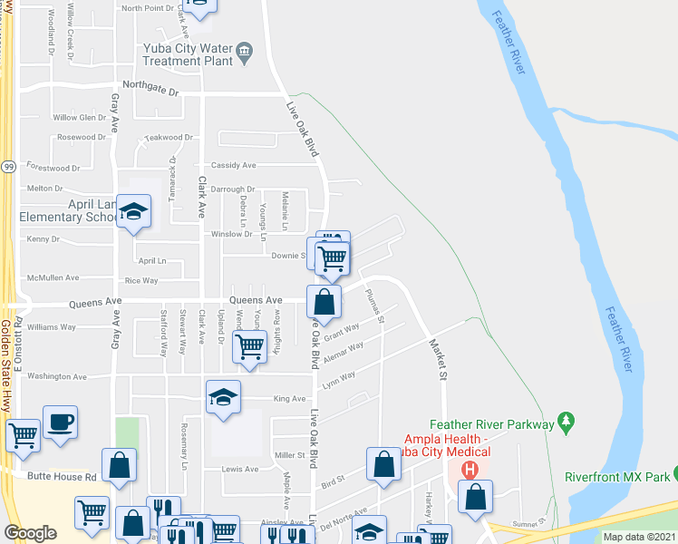 map of restaurants, bars, coffee shops, grocery stores, and more near 2117-2125 Live Oak Blvd in Yuba City