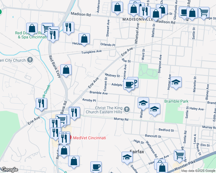 map of restaurants, bars, coffee shops, grocery stores, and more near 5709 Adelphi Street in Cincinnati