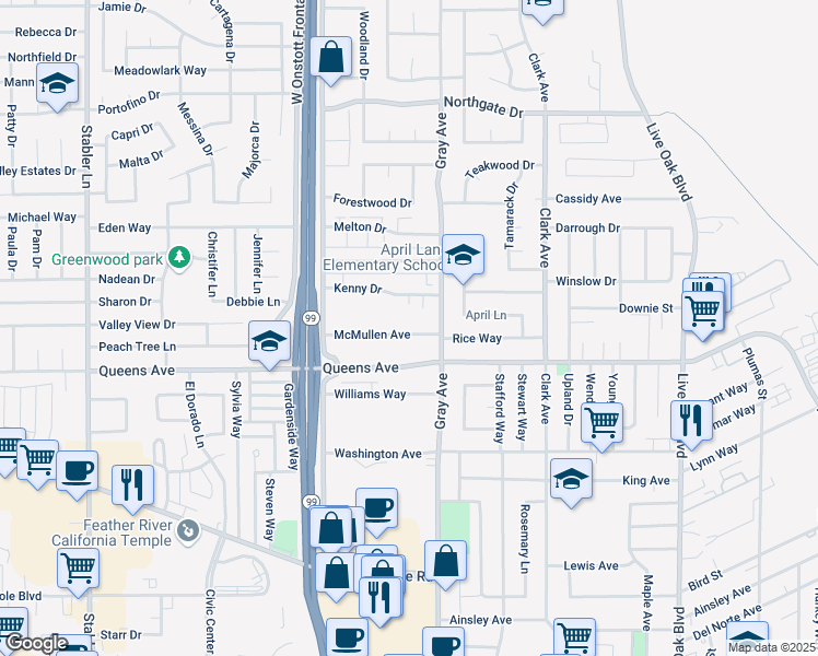 map of restaurants, bars, coffee shops, grocery stores, and more near 1153 McMullen Avenue in Yuba City