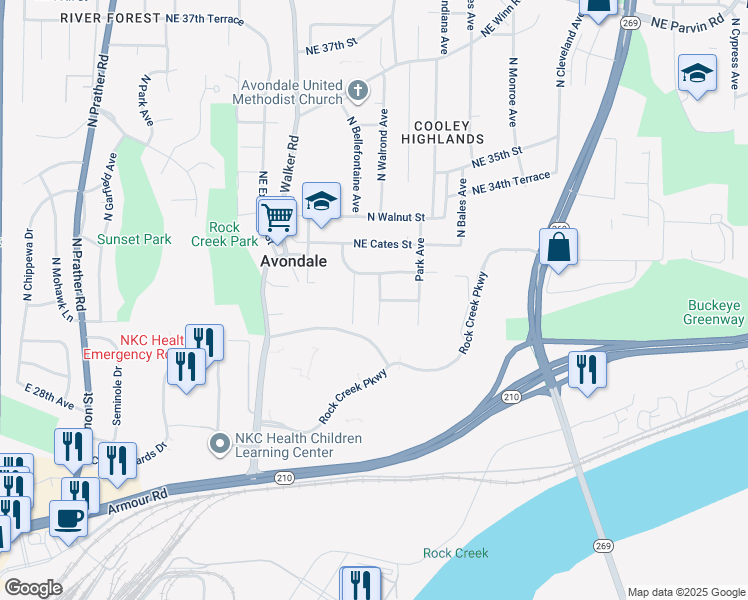 map of restaurants, bars, coffee shops, grocery stores, and more near 2804 North Walrond Avenue in Kansas City