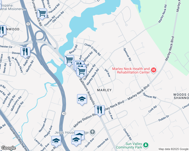 map of restaurants, bars, coffee shops, grocery stores, and more near 1 1st Avenue in Glen Burnie