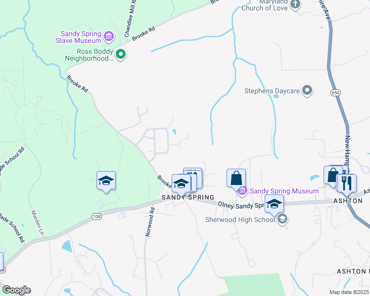map of restaurants, bars, coffee shops, grocery stores, and more near 113 Towering Beech Court in Ashton-Sandy Spring