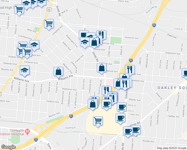 map of restaurants, bars, coffee shops, grocery stores, and more near 2536 Williams Avenue in Cincinnati