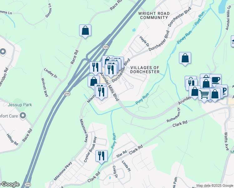 map of restaurants, bars, coffee shops, grocery stores, and more near 7804 Arbor Grove Drive in Hanover