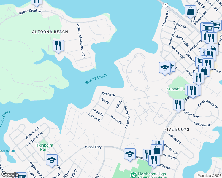 map of restaurants, bars, coffee shops, grocery stores, and more near 7580 Beach Drive in Pasadena