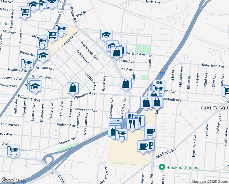 map of restaurants, bars, coffee shops, grocery stores, and more near 2524 Williams Avenue in Cincinnati