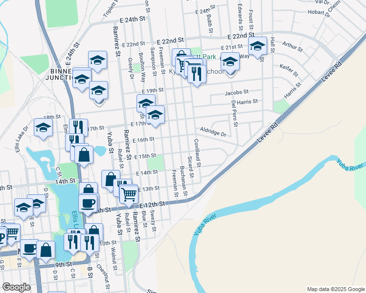 map of restaurants, bars, coffee shops, grocery stores, and more near 1509 Buchanan Street in Marysville