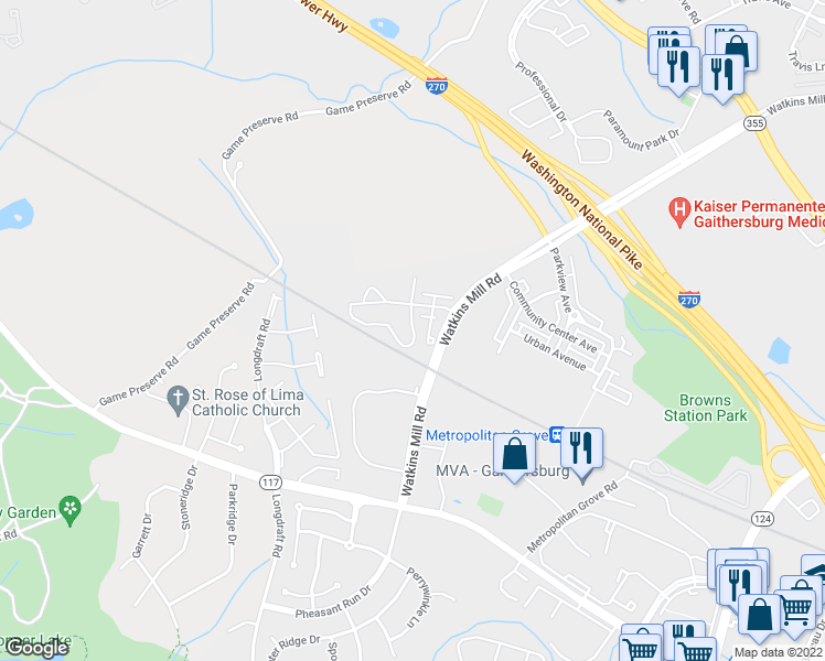 map of restaurants, bars, coffee shops, grocery stores, and more near 258 Caulfield Lane in Gaithersburg
