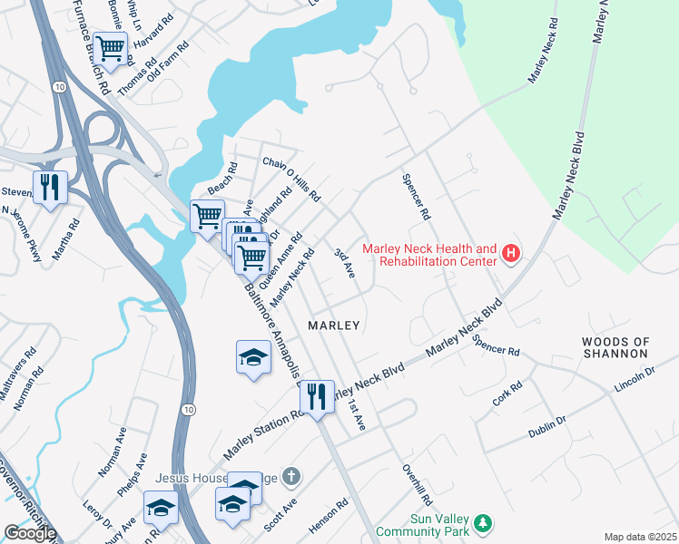 map of restaurants, bars, coffee shops, grocery stores, and more near 7626 3rd Avenue in Glen Burnie