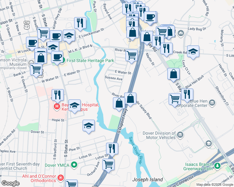 map of restaurants, bars, coffee shops, grocery stores, and more near 731 River Road in Dover