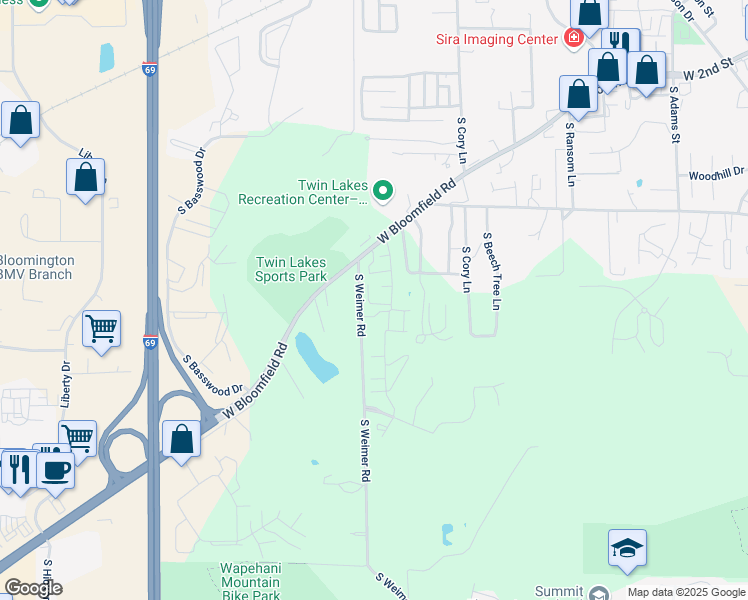 map of restaurants, bars, coffee shops, grocery stores, and more near 1230 South Weimer Road in Bloomington