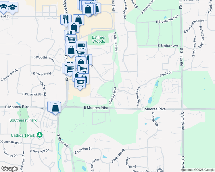map of restaurants, bars, coffee shops, grocery stores, and more near 1150 South Clarizz Boulevard in Bloomington