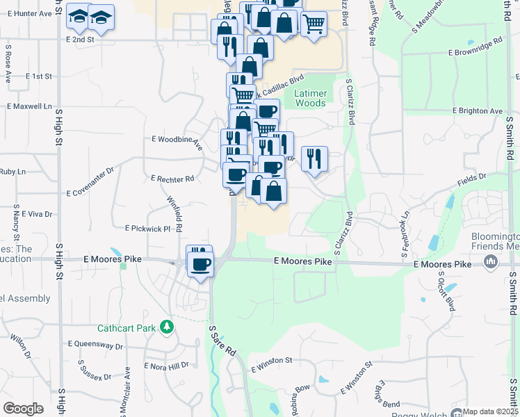 map of restaurants, bars, coffee shops, grocery stores, and more near 1105 South College Mall Road in Bloomington