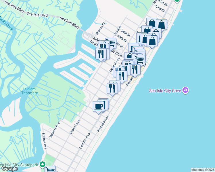 map of restaurants, bars, coffee shops, grocery stores, and more near 143 46th Street in Sea Isle City