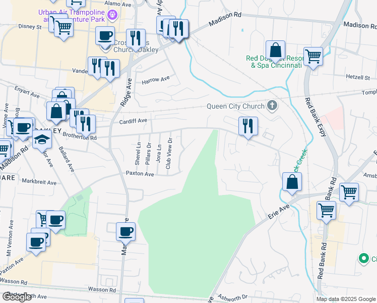 map of restaurants, bars, coffee shops, grocery stores, and more near 4143 Paxton Woods Drive in Cincinnati
