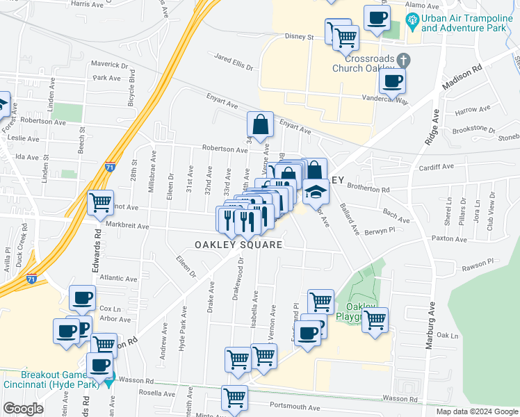 map of restaurants, bars, coffee shops, grocery stores, and more near 3027 Minot Avenue in Cincinnati