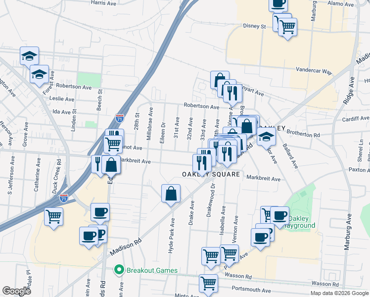 map of restaurants, bars, coffee shops, grocery stores, and more near 2832 Minot Avenue in Cincinnati