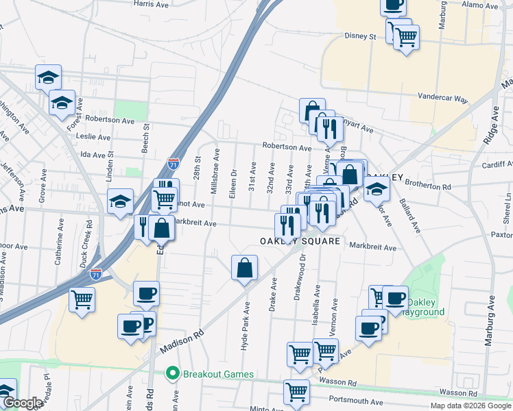map of restaurants, bars, coffee shops, grocery stores, and more near 2832 Minot Avenue in Cincinnati