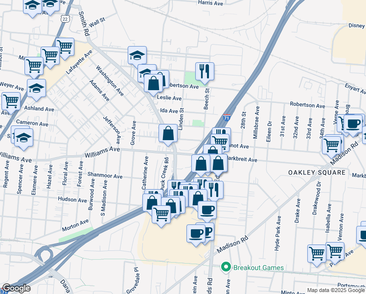 map of restaurants, bars, coffee shops, grocery stores, and more near 2612 Duck Creek Road in Cincinnati