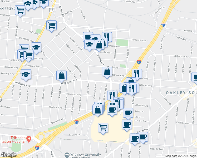 map of restaurants, bars, coffee shops, grocery stores, and more near 2524 Williams Avenue in Cincinnati