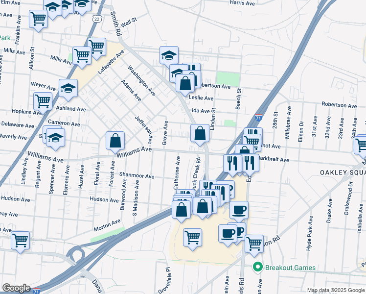 map of restaurants, bars, coffee shops, grocery stores, and more near 2524 Williams Avenue in Cincinnati