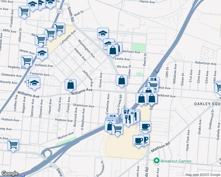 map of restaurants, bars, coffee shops, grocery stores, and more near 2524 Williams Avenue in Cincinnati