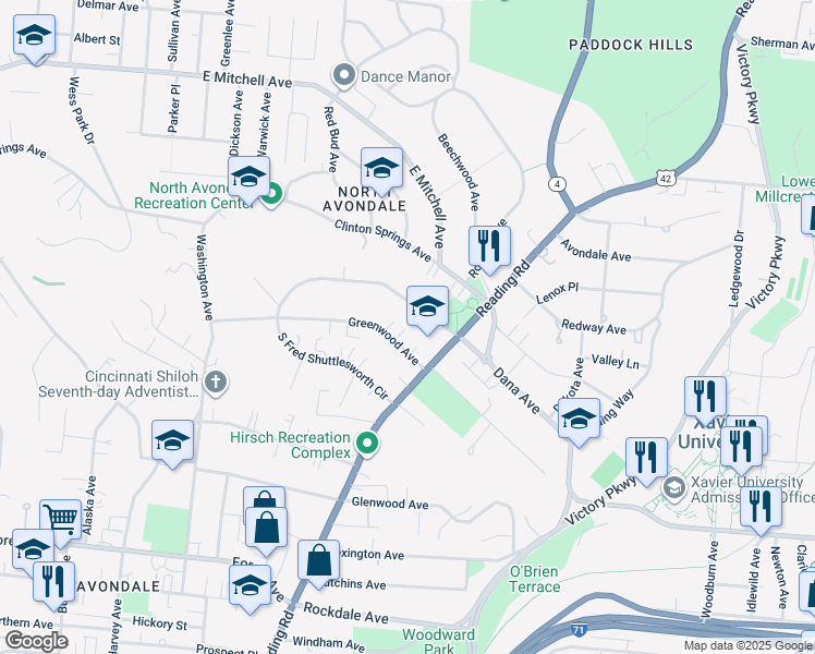 map of restaurants, bars, coffee shops, grocery stores, and more near 807 North Fred Shuttlesworth Circle in Cincinnati
