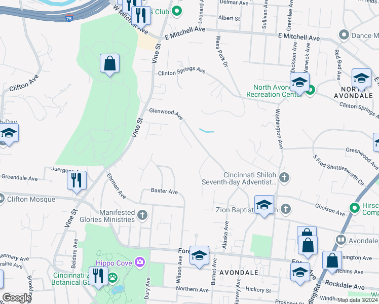 map of restaurants, bars, coffee shops, grocery stores, and more near 141 Glenridge Place in Cincinnati