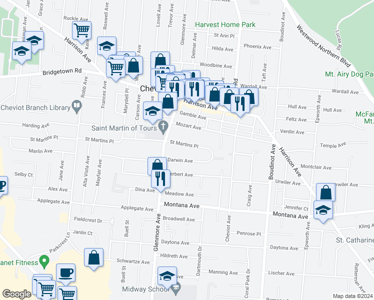map of restaurants, bars, coffee shops, grocery stores, and more near 3613 Saint Martins Place in Cincinnati