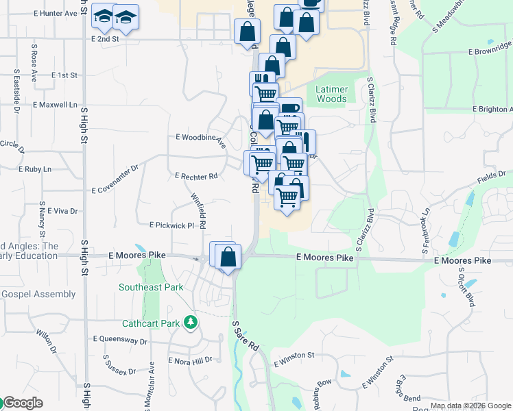 map of restaurants, bars, coffee shops, grocery stores, and more near 1255 South College Mall Road in Bloomington