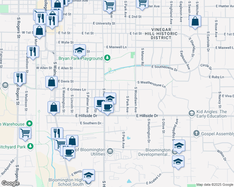 map of restaurants, bars, coffee shops, grocery stores, and more near 802 East Grimes Lane in Bloomington