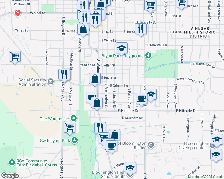 map of restaurants, bars, coffee shops, grocery stores, and more near 1215 South Washington Street in Bloomington