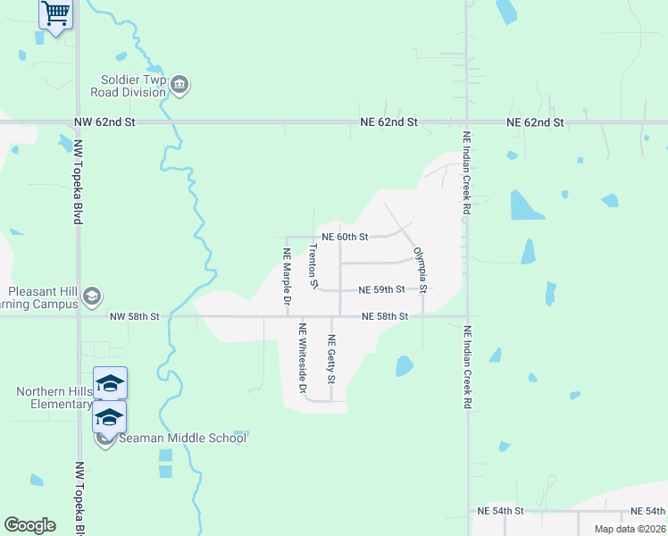 map of restaurants, bars, coffee shops, grocery stores, and more near 5931 Northeast Pleasant Hills Road in Topeka